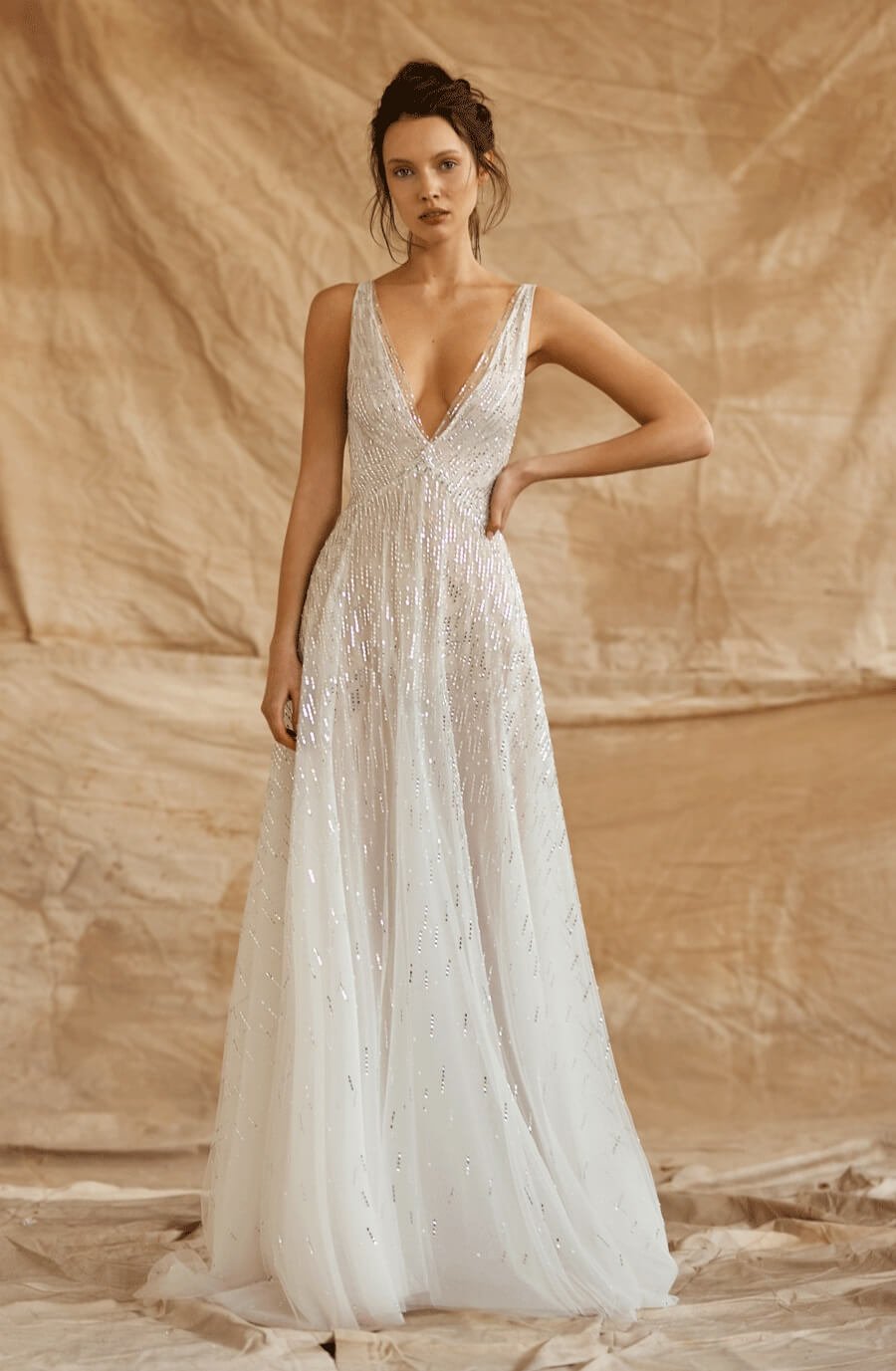 Gorgeous Deep Double V Neck Satin Prom Dress with Cap Sleeves